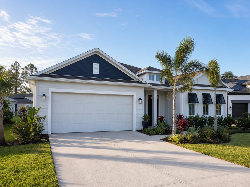 White insulated garage door at a newer Florida home with palms