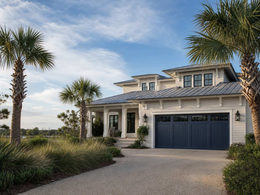 Dark carriage-house style garage door at a refined coastal Florida home