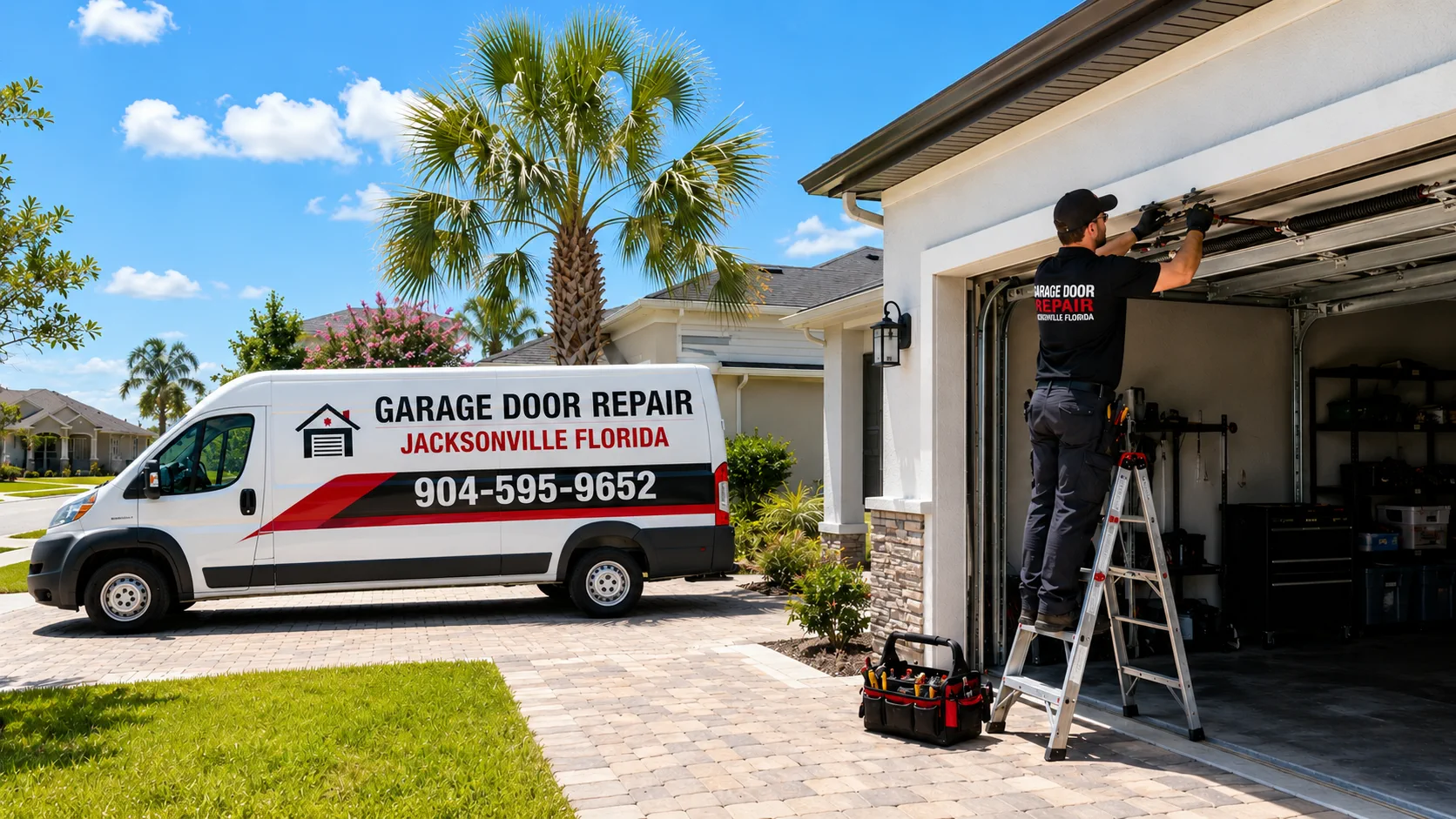 Garage Door Repair Jacksonville Florida service van and technician at a sunny Florida home